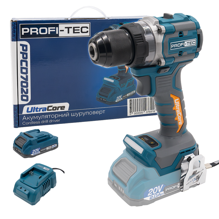 Мощная аккумуляторная дрель-шуруповерт PROFI-TEC PPCD7020 UltraCore : с АКБ 20V 2.0Ah (007641) Киев - изображение 1