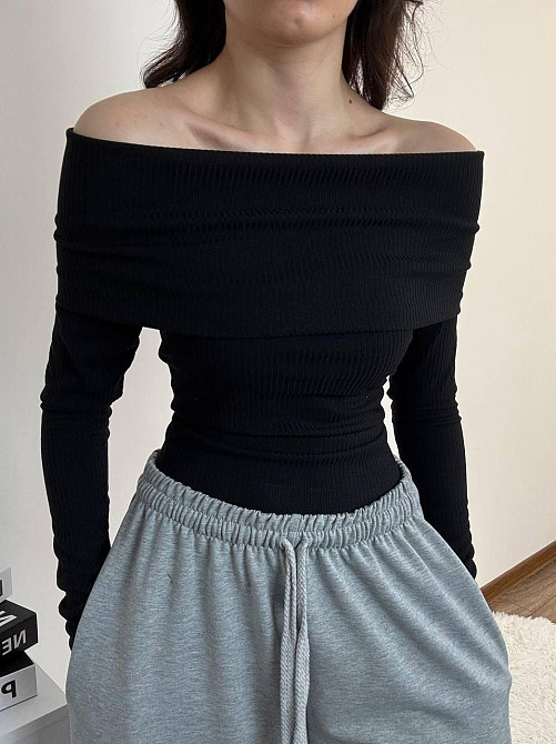 Женский романтичный лонгслив с отворотом турецкий рубчик мустанг 46/48, Черный Одесса - изображение 4