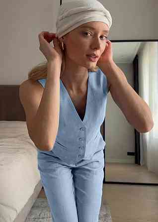 Жіночий стильний літній костюм-двійка льон Блакитний, 48/50 Одеса