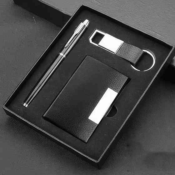 Комплект подарунковий 3в1 візитниця, брелок для ключів, ручка, бізнес набір аксесуарів для керівника, чорний Кам'янець-Подільський