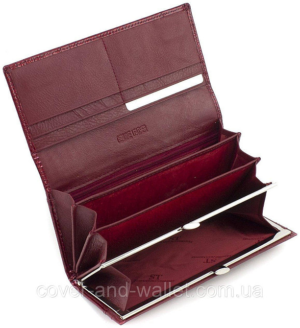 Довгий жіночий гаманець бордового кольору з лакової шкіри під рептилію ST Leather Київ - фото 5