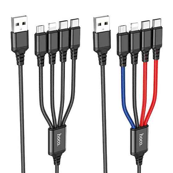 Кабель HOCO X76 USB - Lightning+Type-C+Type-C+Micro 2A, 1m, нейлон, алюмінієві конектори, колір чорний+Red+Blue 6931474768650 Одеса