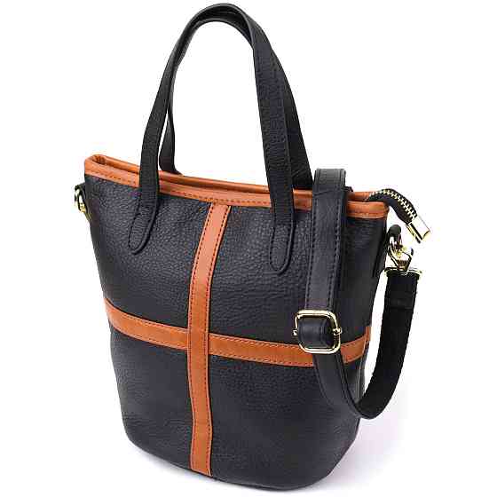 Жіноча шкіряна сумка з коричневою вставкою на лицьовій стороні Vintage 22997 Чорний Київ