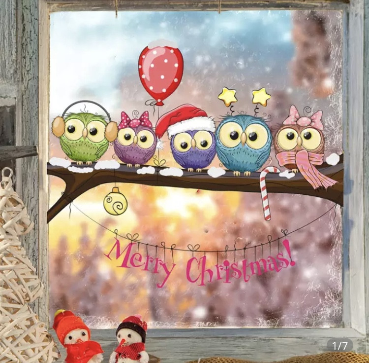 Новорічні наклейки сови на гілці - розмір стікера 25*70см, силікон Київ - фото 1