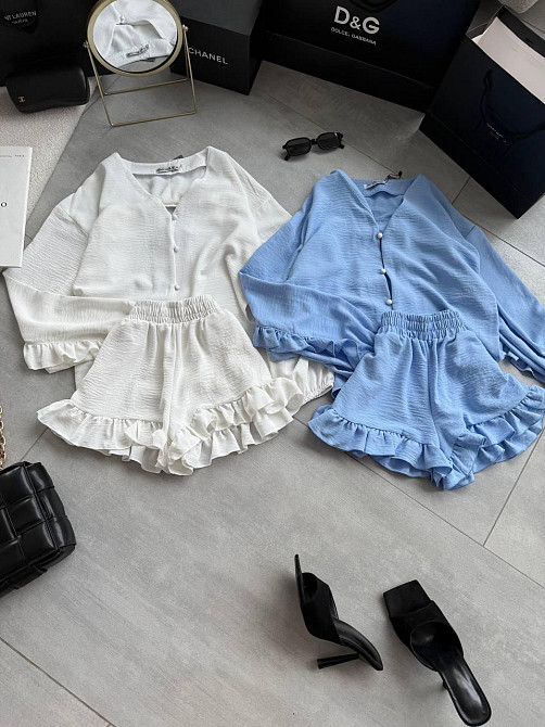 Костюм двойка свободного фасона, рубашка и шорты из льна жатки, белый, 42-46 Лубны - изображение 2