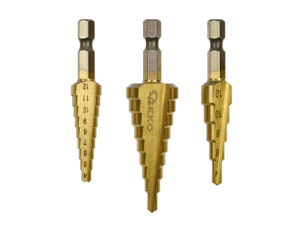 Свердла металу ступеневі "GEKO" з хвостовиком для шуруповерта Hex E6,3 [к-т 3шт] HSS-tyt 3,0-(12,0 / 20,0)мм Київ - фото 1
