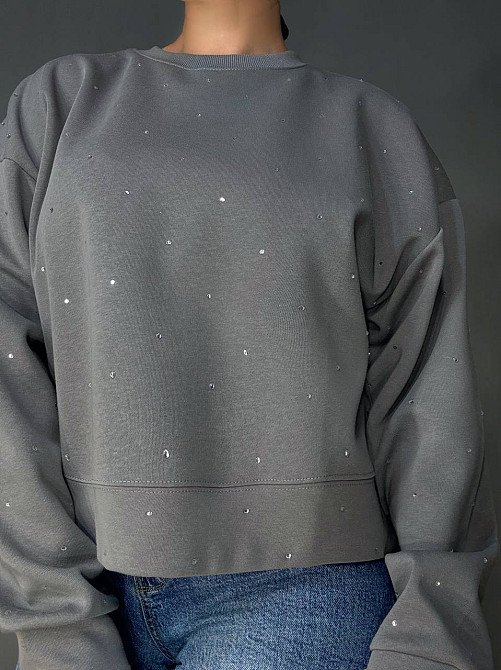 Світшот жіночий W 2950 oversize з розсипом камінців, сірий, one size Київ - фото 19