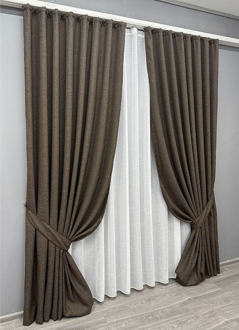 Комплект штор VR-Textil лен премиум ELEMENTA 150х270 2шт и Тюль 400х270 1867ш-115т венге с белым 71-072/3 Киев - изображение 2