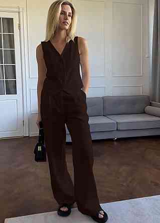 Жіночий стильний літній костюм-двійка льон Шоколад, 46/48 Одеса