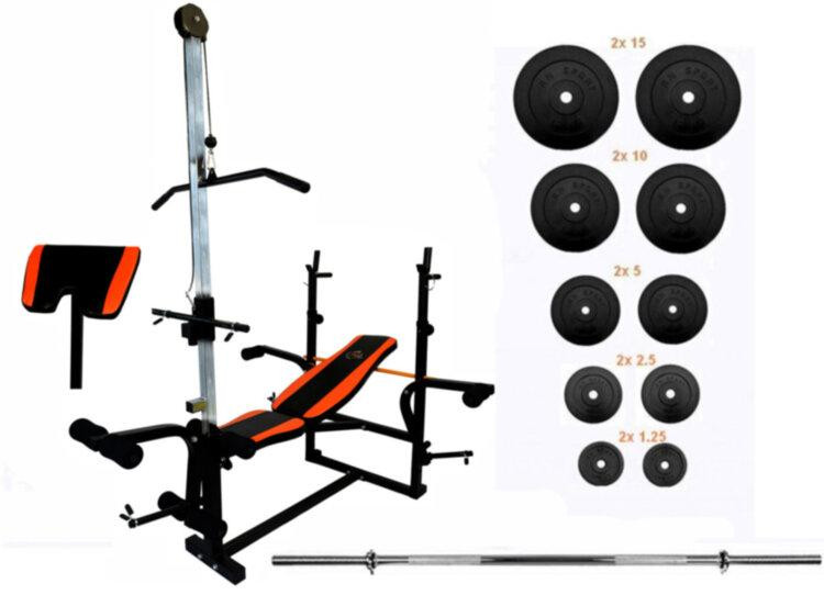 Лавка для жиму з верхньою тягою і тренажерами + штанга 75 кг Гантелі, гирі, штанги та диски АВС пластик комплект Київ - фото 1