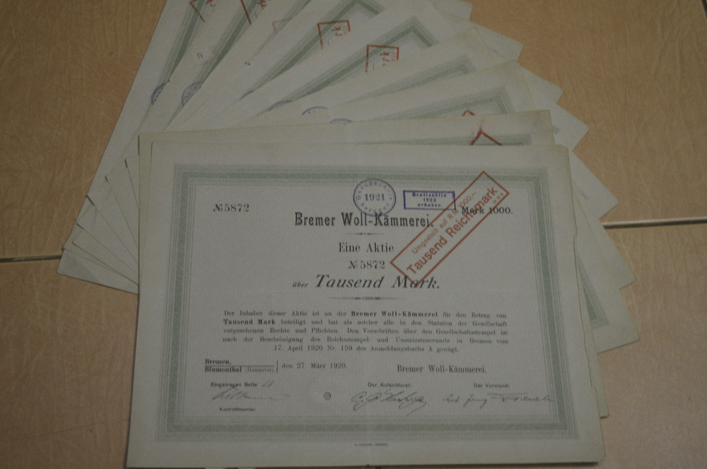 Акция. Германия. Bremer Woll-Kammerei 1000 reichmark 1920 год (5 - 31) Полтава - изображение 1