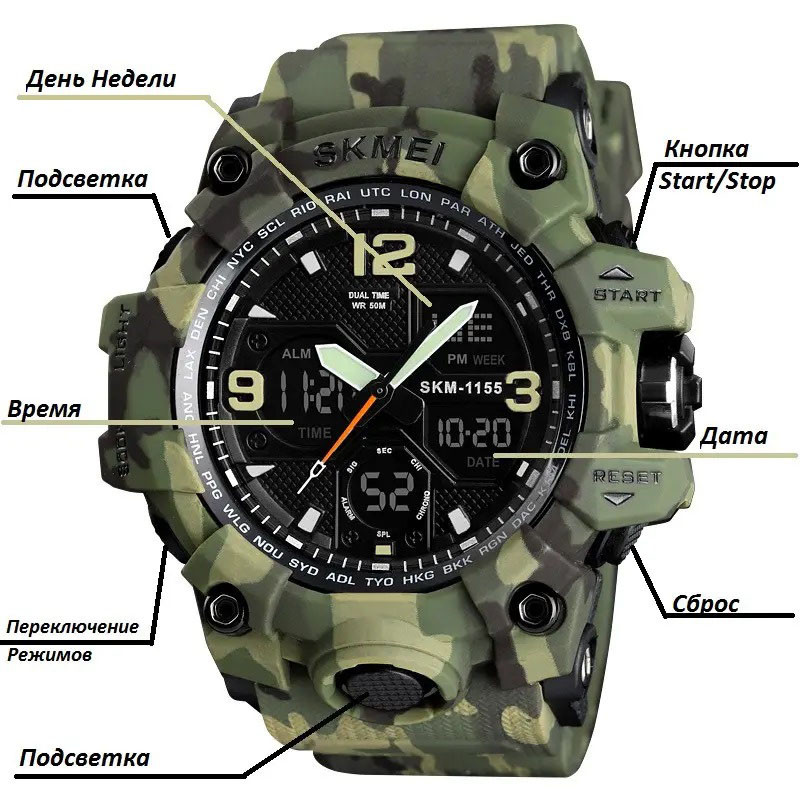 Спортивные часы мужские водонепроницаемы SKMEI 1155BCMGN GREEN CAMO, Часы военной тематики DS-71 Львов - изображение 10