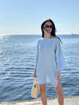 Женская пляжная туника с длинным рукавом короткая из хлопка однотонная накидка на купальник COSY Aria муслиновая голубая L-XL Одесса