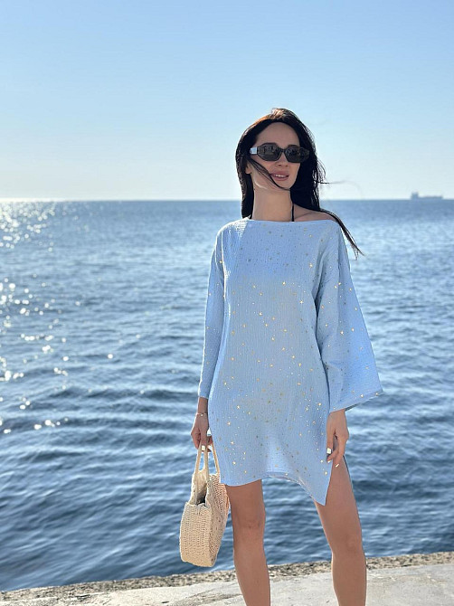 Женская пляжная туника с длинным рукавом короткая из хлопка однотонная накидка на купальник COSY Aria муслиновая голубая L-XL Одесса - изображение 4