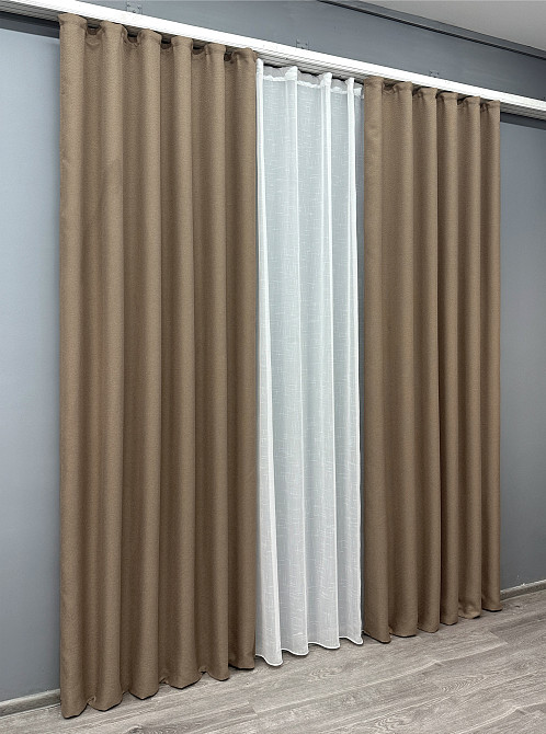 Комплект штор VR-Textil Лен Мешковина 100х270 2шт и Тюль 300х270 825ш-115т Темно-бежевый с белым 71-017/1 Киев - изображение 3