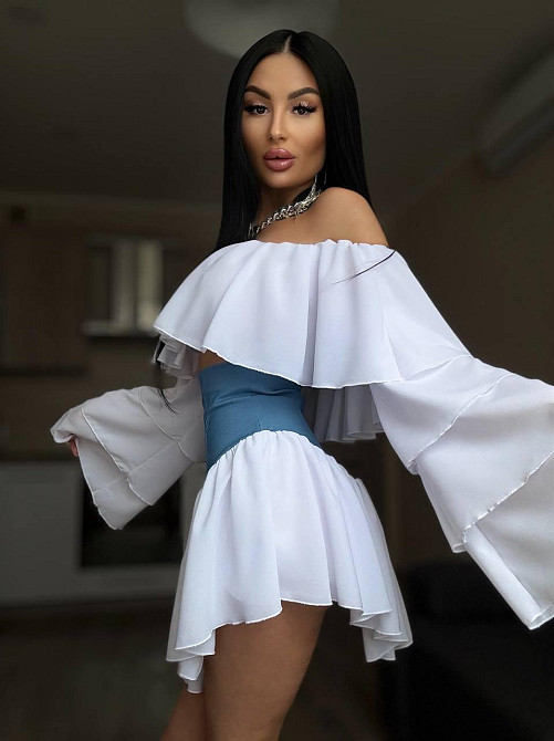 Женский романтичный костюм двойка: многослойная блуза и шорты-юбка креп шифон + джинс бенгалин 46/48 Одесса - изображение 6