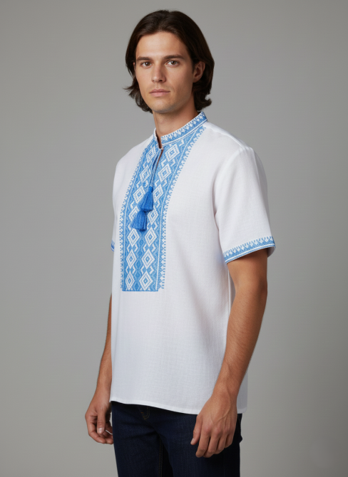 Мужская вышитая рубашка в этническом стиле синий орнамент с вышитым коротким рукавом Киев - изображение 2