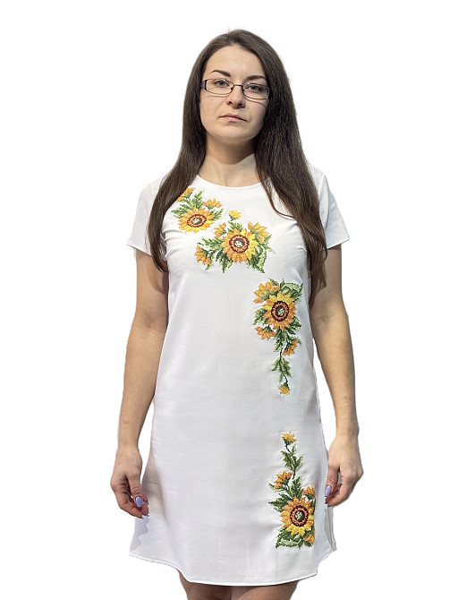 Жіноча вишита сукня білосніжна Соняхи короткий рукав Київ - фото 1