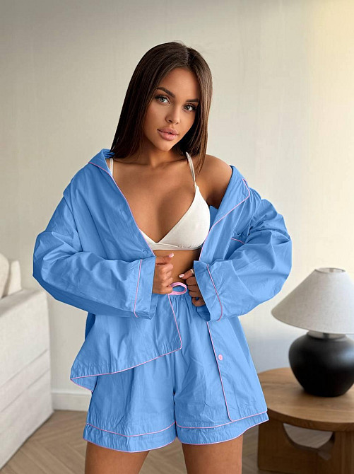 Жіночий літній костюм двійка: сорочка і шорти у піжамному стилі натуральний льон Одеса - фото 2