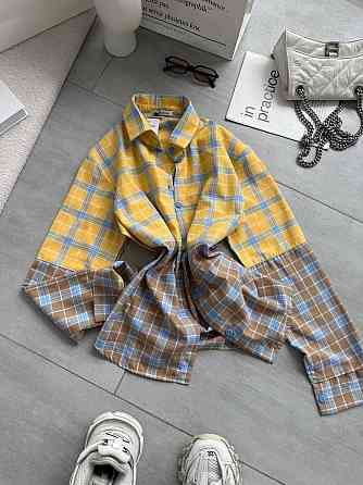 Женская двухцветная оверсайз рубашка в клетку турецкая фланель котон Беж Одесса