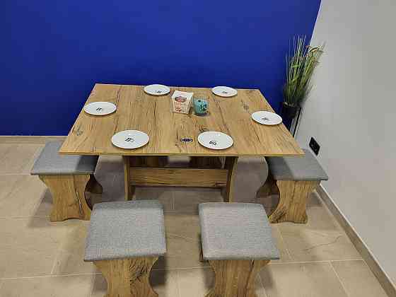 Комплект раскладной стол и 6 мягких табуреток - Ткань / цвет Дуб Флагшток Львов