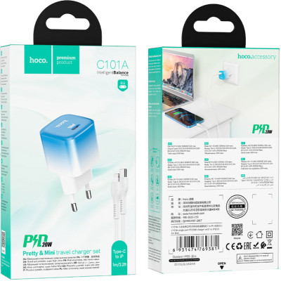 Зарядний пристрій HOCO C101A USB-C PD20W + cable USB-C to Lightning Ice Blue (6931474769381) Вінниця - фото 5
