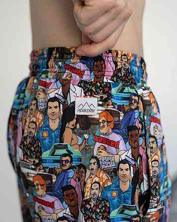 Мужские пляжные шорты с принтом голубые Pobedov Vocation GTA Киев