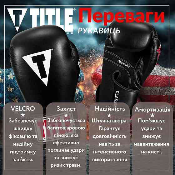 Боксерские перчатки TITLE Classic Black Max Black 16 oz Киев