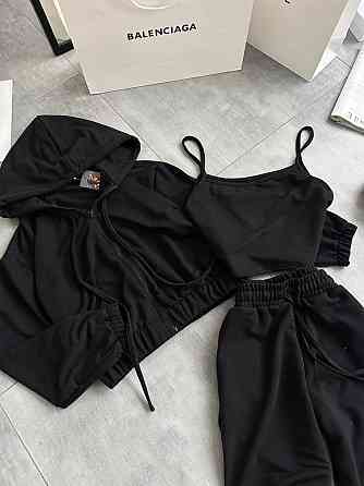 Жіночий повсякденний костюм-трійка: кофта топ і штани двонитка Чорний, 46/48 Одеса