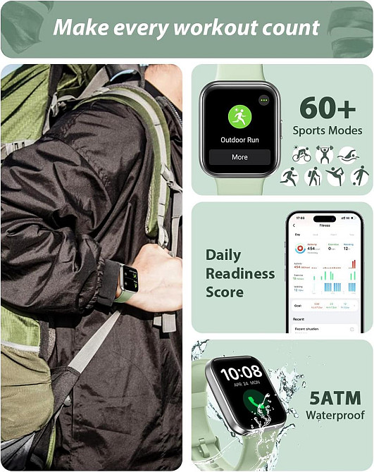 Смарт-годинник Tensky 1.7" з Alexa, Bluetooth дзвінки, 60 спорт-режимів, пульс, SpO2, водонепроникність IP68, зелений жіночий годи Київ - фото 11