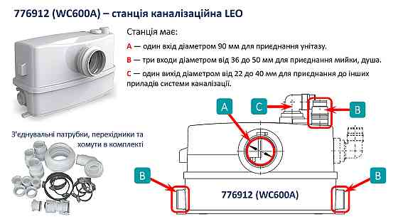 Станция канализационная 0.6кВт Hmax 8.5м Qmax 110л/мин LEO 3.0 WC-600A (776912) Ровно