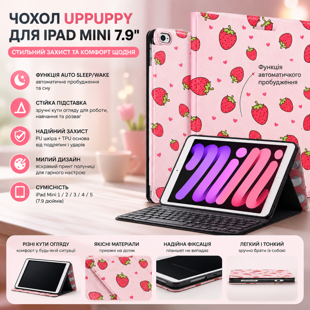 Чохол для iPad Mini 7.9" Uppuppy з малюнком полуниці, дитячий, PU шкіра + TPU, Auto Sleep/Wake, підставка, для iPad Mini 1/2/3/4/5 Київ - фото 8
