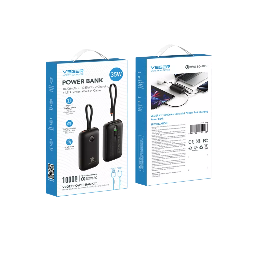 Павербанк 10000 mAh VEGER PD QC3.0 35W K1 VG-W1188 быстрая зарядка встроенный кабель power bank повербанк Одесса - изображение 2