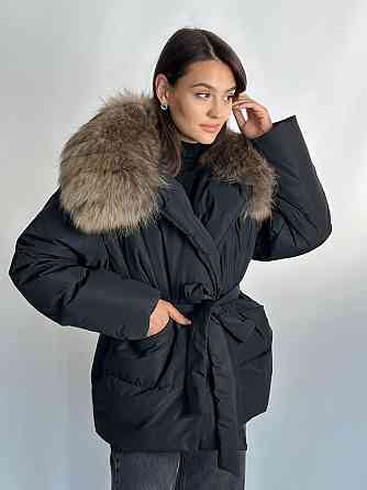 Жіночий зимовий чорний пуховик Aria Raccoon з натуральним хутром єнота 52 Харків