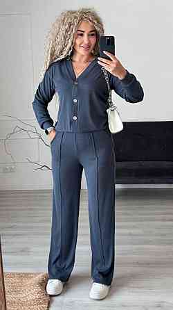 Женский стильный повседневный костюм двойка: кардиган на пуговицах + брюки трикотажный рубчик Графит, 52/54 Одесса