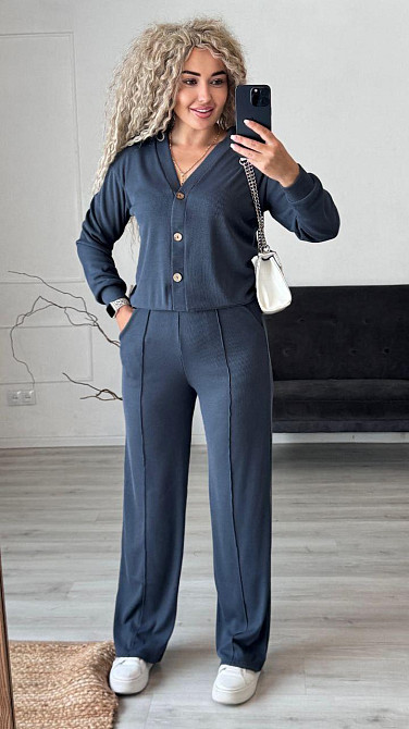 Жіночий стильний повсякденний костюм-двійка: кардиган на ґудзиках + штани трикотажний рубчик Графіт, 52/54 Одеса - фото 5