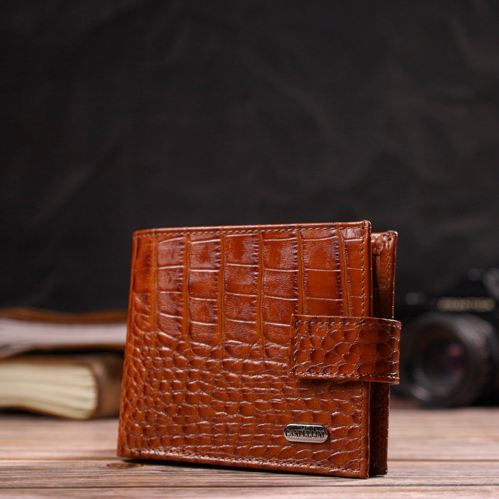 Незвичайний горизонтальний гаманець для чоловіків з натуральної шкіри з тисненням під крокодила CANPELLINI 21893 Рудий Київ - фото 8