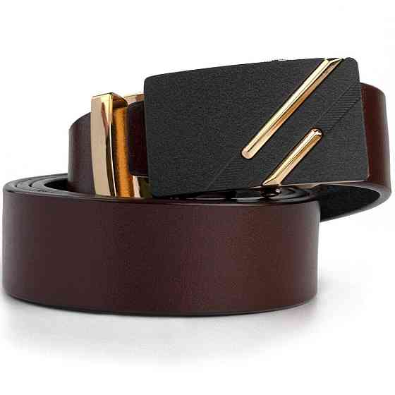 Ремень мужской с золотистой пряжкой и черной вставкой Vintage 20324 Коричневый Киев