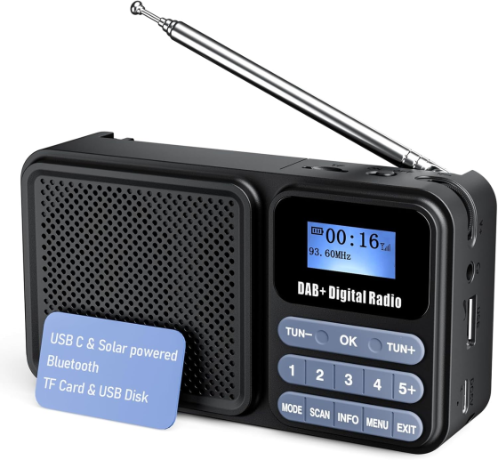 Портативне цифрове радіо Gallypek DAB/DAB+/FM, Bluetooth 5.0, сонячна панель, акумулятор 2200 мАг, USB, 2 будильники, чорне Київ