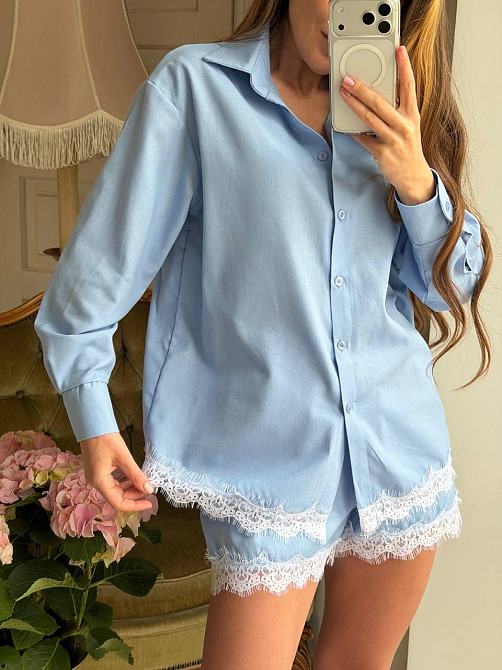 Женский стильный летний льняной костюм с кружевом Голубой, 42/46 Одесса - изображение 7