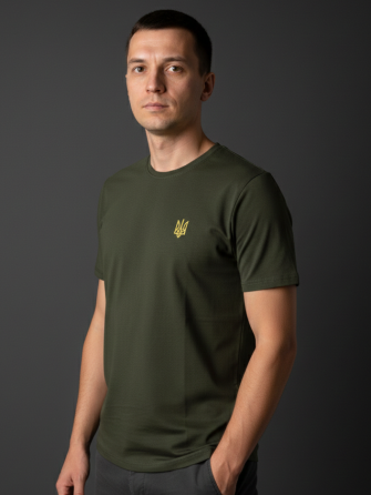 Футболка хаки с маленьким вышитым Тризубом слева Киев