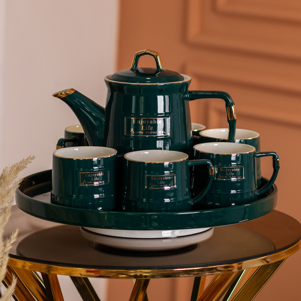 Чайний набір на 6 персон із заварювальним чайником та порцелянаовою підставкою Зелений HP-15-6 Київ - фото 8