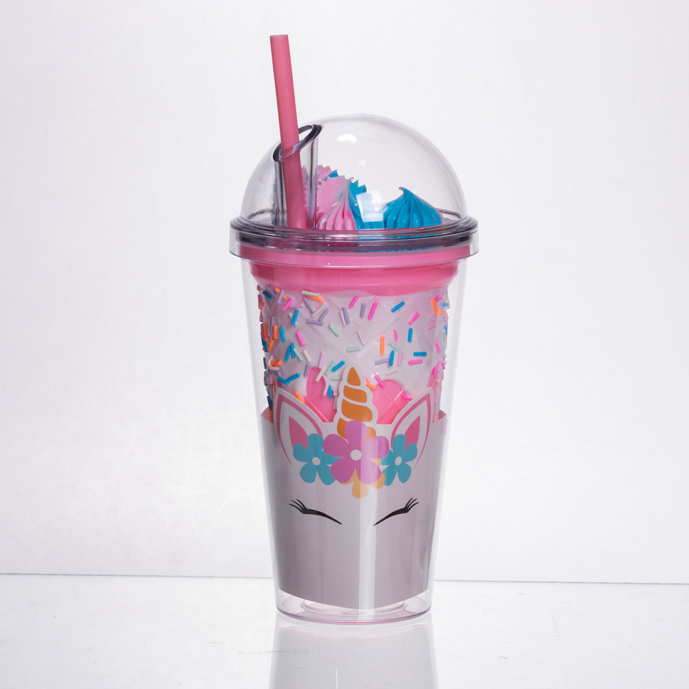 Пластиковий стакан з трубочкою і кришкою 400 мл багаторазовий Рожевий HP-18-1P Київ - фото 1