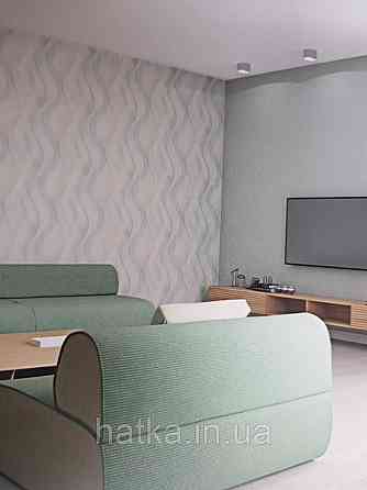 Шпалери вінілові на флізелін гарячого тиснення Marburg Shades блакитні зелені сірі смуги хвилі на білому тлі Київ