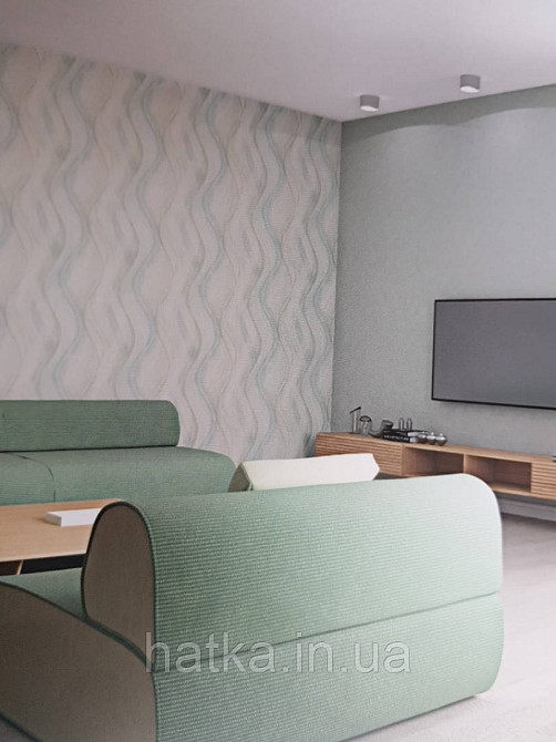 Шпалери вінілові на флізелін гарячого тиснення Marburg Shades блакитні зелені сірі смуги хвилі на білому тлі Київ - фото 2