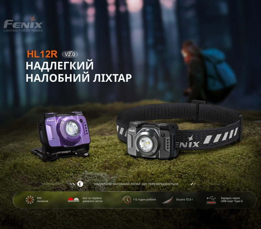 Налобний ліхтар Fenix ​​HL12R V2.0 біле та червоне світло 500лм 125м Фіолетовий Київ - фото 5