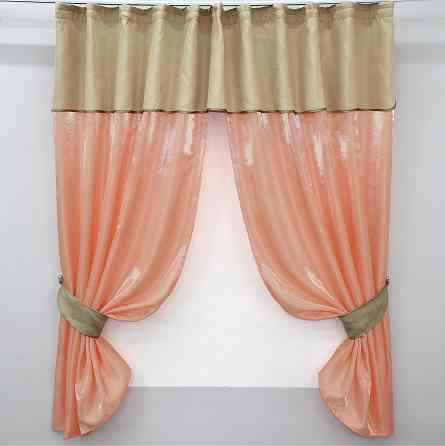 Кухонные шторы VR-Textil № 073к с ламбрекеном и подхватами персиковый с бежевым 270х170 см (52-0210) Киев