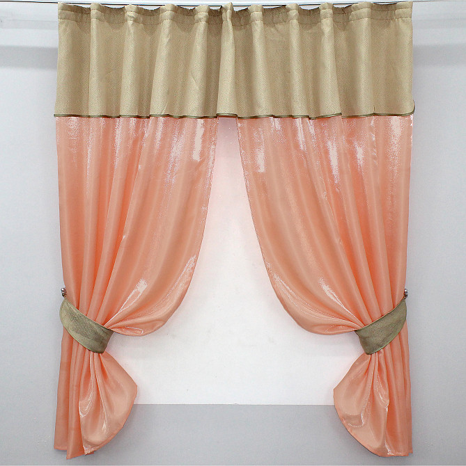 Кухонные шторы VR-Textil № 073к с ламбрекеном и подхватами персиковый с бежевым 270х170 см (52-0210) Киев - изображение 1