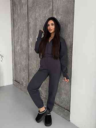 Женский теплый повседневный комбинезон с капюшоном трехнить на флисе Графит, 42/46 Одесса