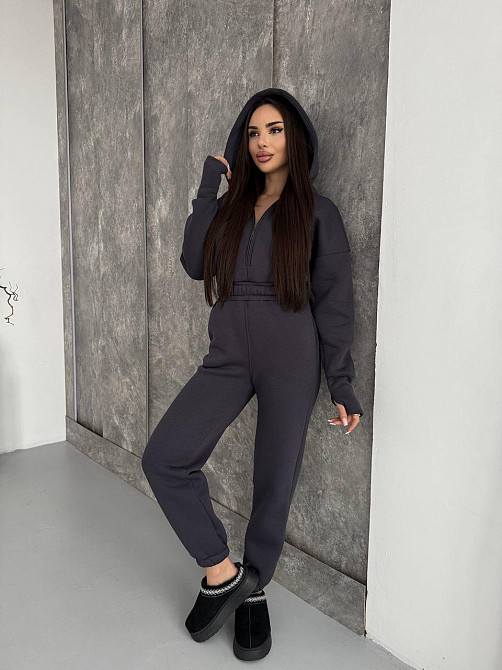 Женский теплый повседневный комбинезон с капюшоном трехнить на флисе Графит, 42/46 Одесса - изображение 6